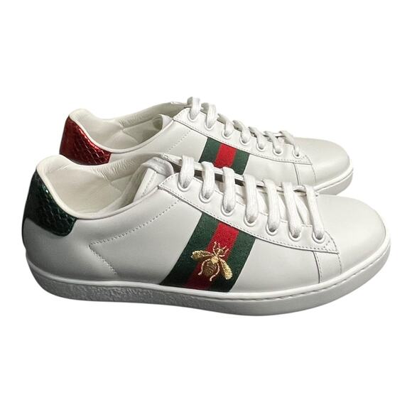 Gucci Ace Bee Sneakers Size 38 White Leather Red/Green Snake Heel w/ Box, Extras - Picture 5 of 16